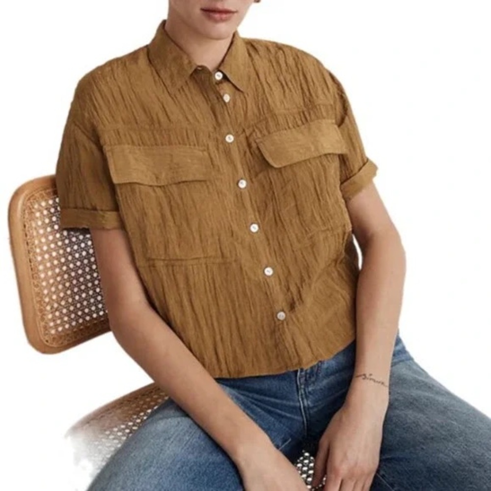Madewell Crinkled Utility Button-Up Shirt Cropped Sheen Spiced Olive Green nwt